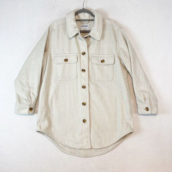 Old Navy Oversized Shacket Women's Sz L Cream Button Up Flannel Jacket Utility - Picture 2 of 7